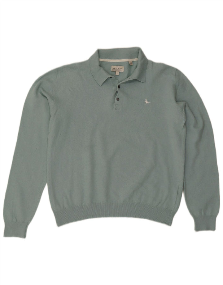 JACK WILLS Mens Polo Neck Jumper Sweater Large Blue Cotton