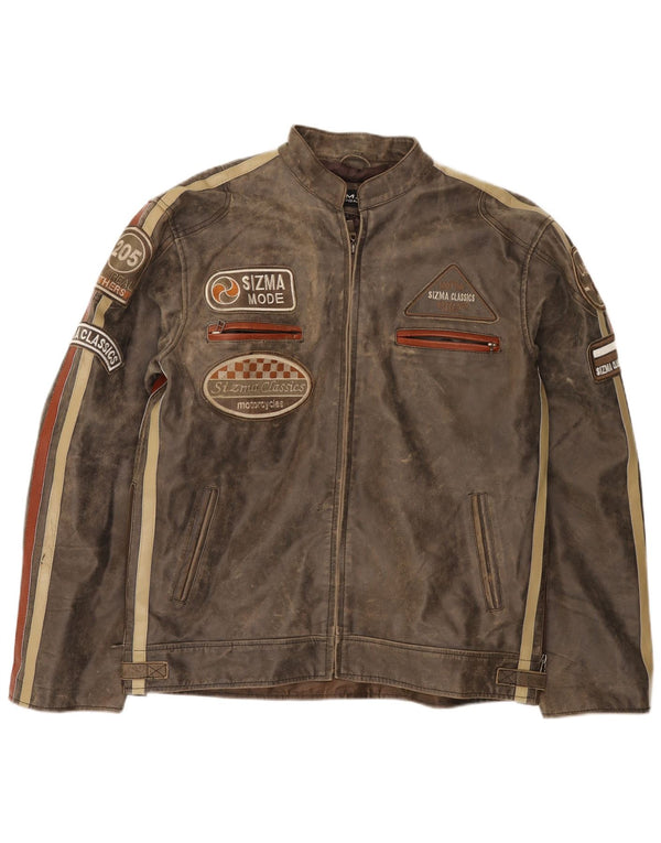 Sizma Mode Mens Graphic Leather Racer Jacket UK 42 XL Brown Colourblock
