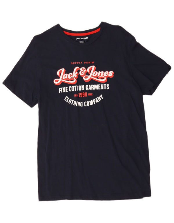 Jack & Jones Mens Graphic T-Shirt Top Large Navy Blue Cotton