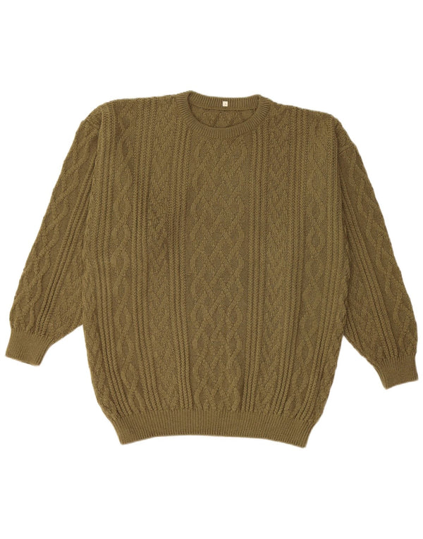 Vintage Mens Crew Neck Jumper Sweater Large Khaki Acrylic