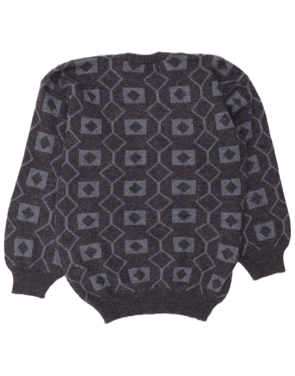 Vintage Mens Crew Neck Jumper Sweater Medium Grey Geometric Acrylic