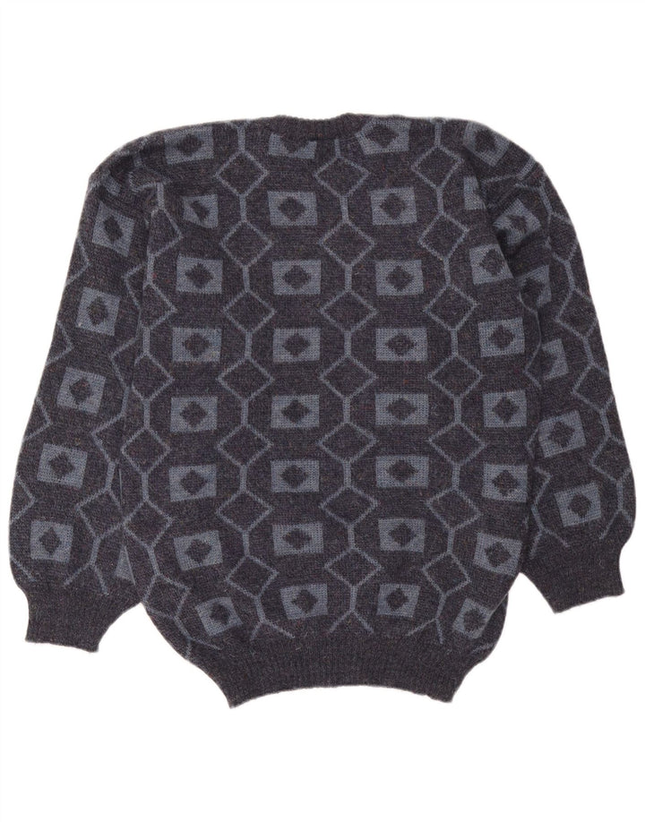 Vintage Mens Crew Neck Jumper Sweater Medium Grey Geometric Acrylic
