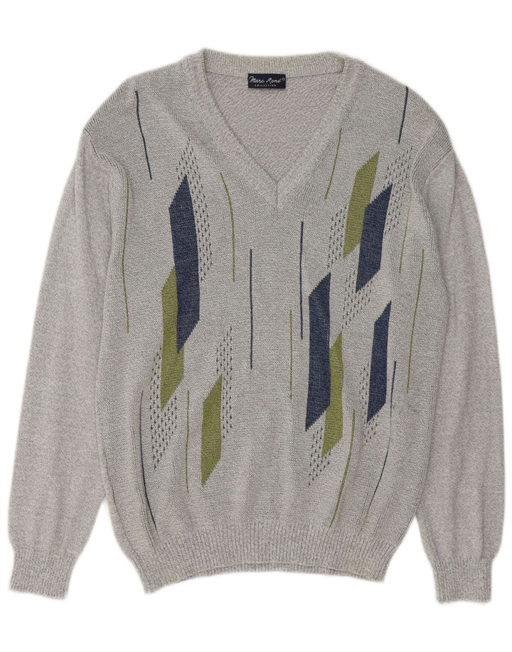 Marc Rene Mens V-Neck Jumper Sweater IT 50 Medium Grey Geometric