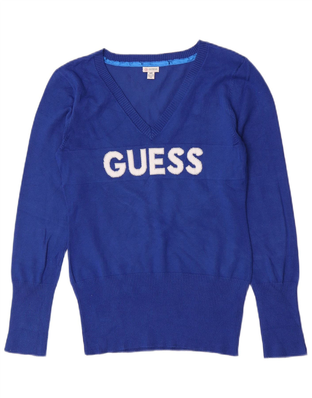 Guess Womens Graphic V-Neck Jumper Sweater UK 8 Small  Blue Rayon