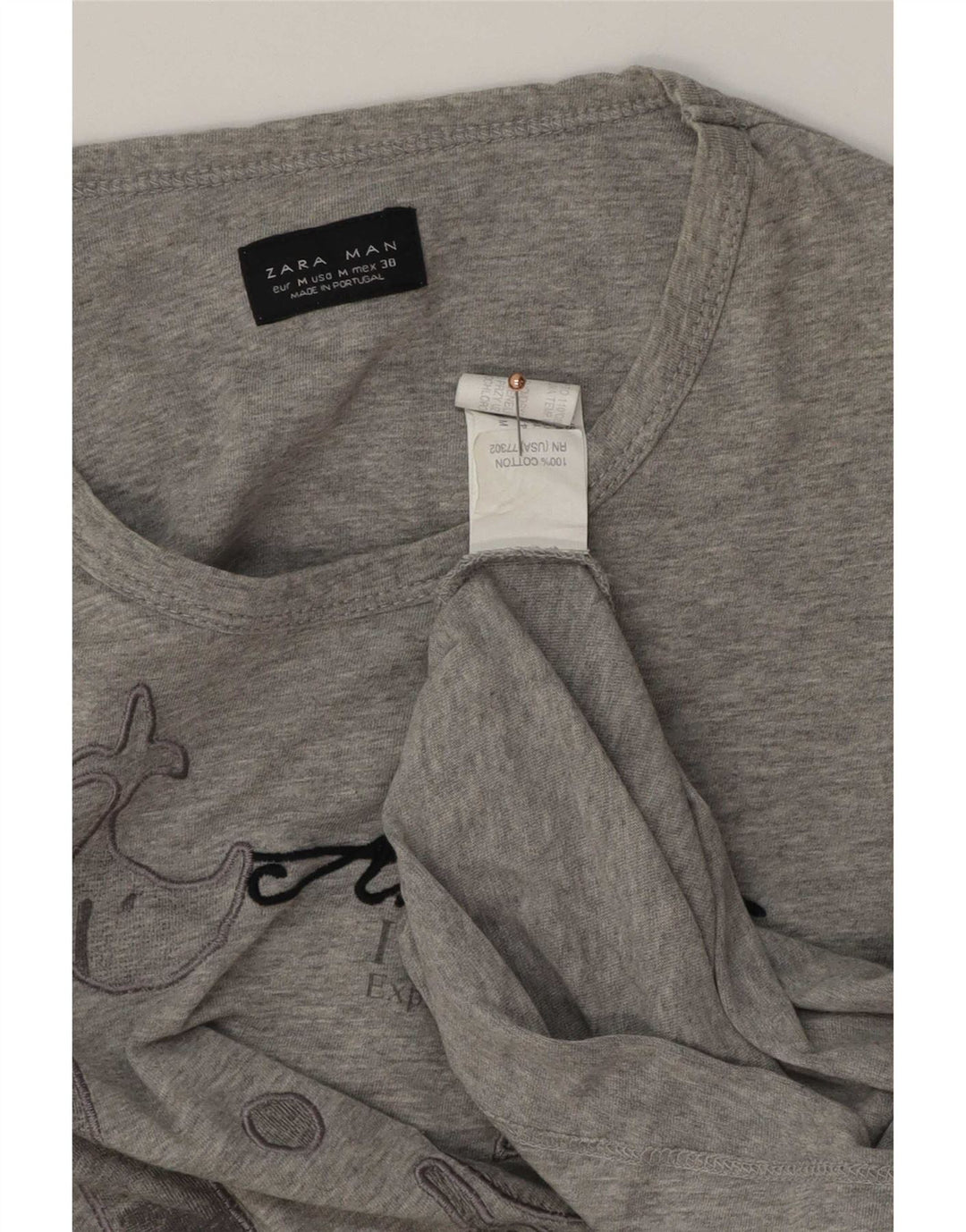 Zara Mens Graphic Top Long Sleeve Medium Grey Cotton