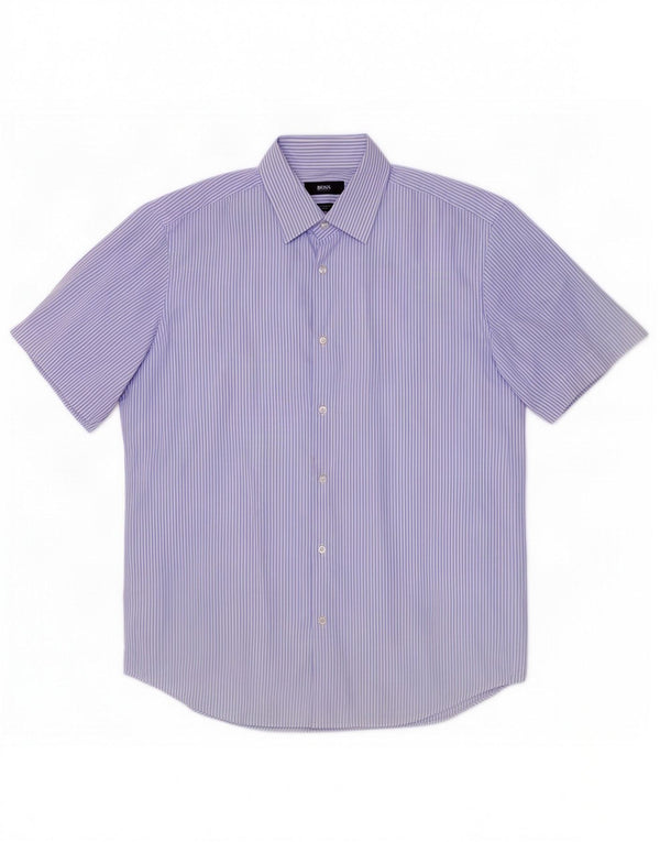 Hugo Boss Mens Short Sleeve Shirt Size 39 15 1/2 Medium Blue Pinstripe