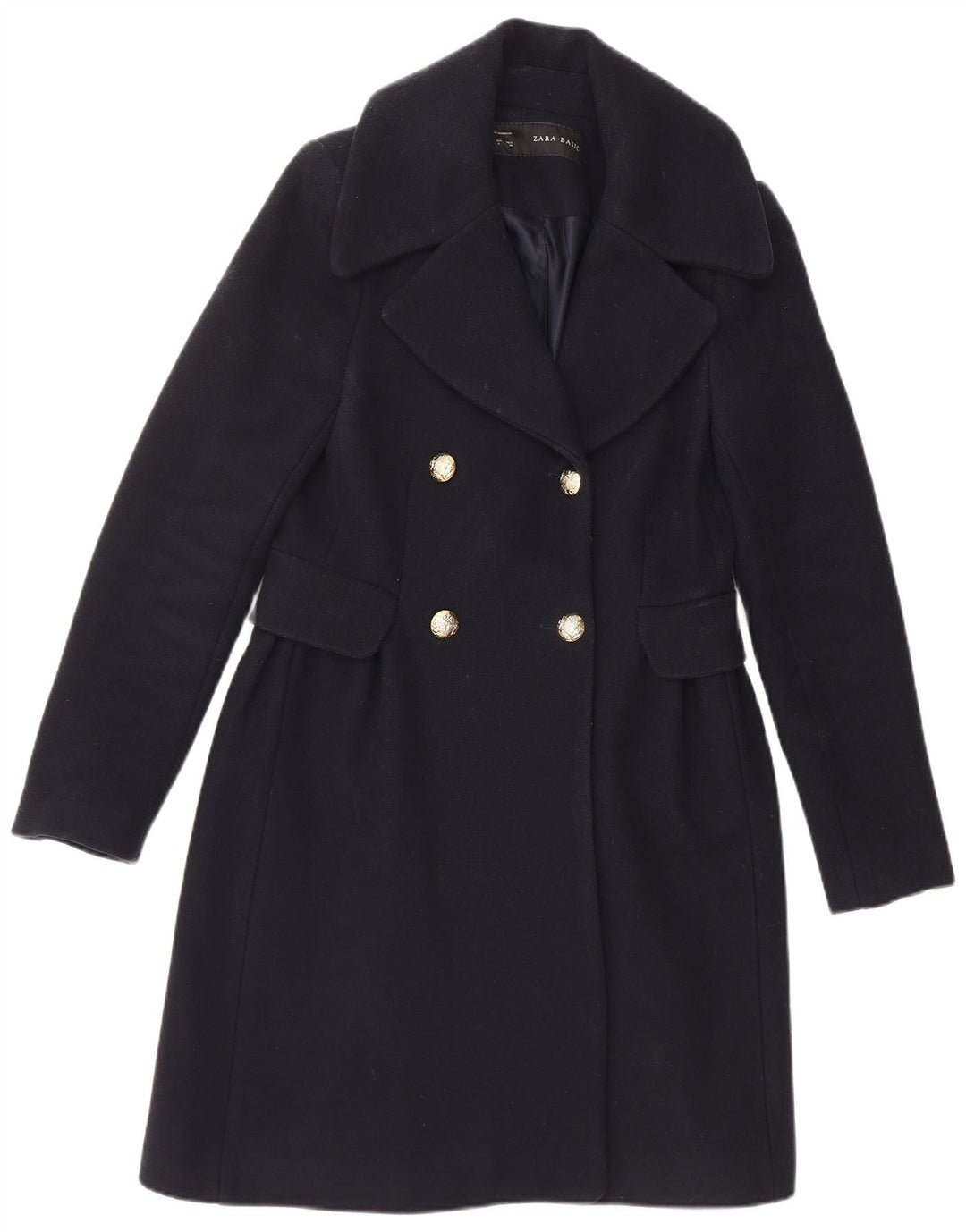 Zara Womens Double Breasted Coat UK 14 Large Navy Blue Wool