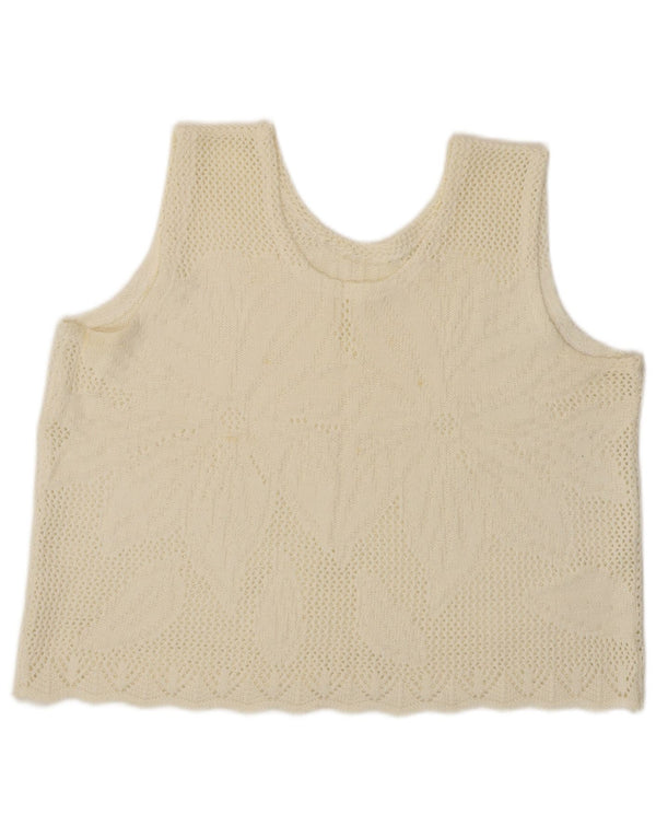 Vintage Womens Crop Vest Tank Top UK 16 Large Off White Floral