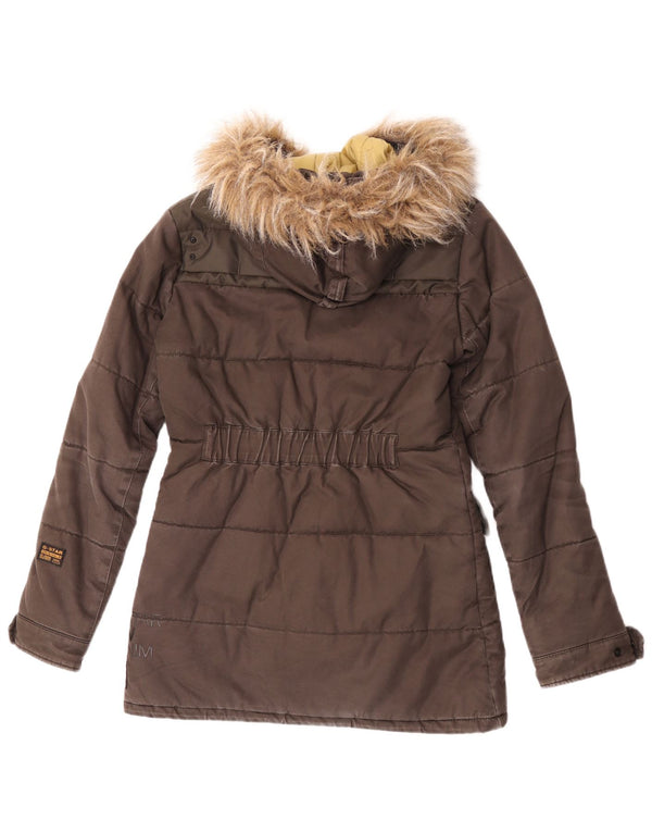 G-Star Womens Hooded Padded Jacket UK 14 Medium Brown Cotton