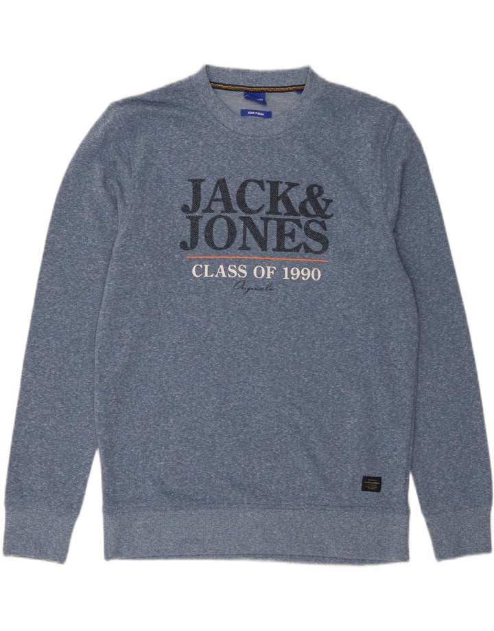 JACK & JONES Mens Graphic Sweatshirt Jumper Large Blue Flecked Polyester Vintage Jack & Jones and Second-Hand Jack & Jones from Messina Hembry 