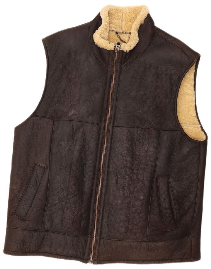 VINTAGE Mens Shearling Gilet IT 46 Small Brown Sheepskin