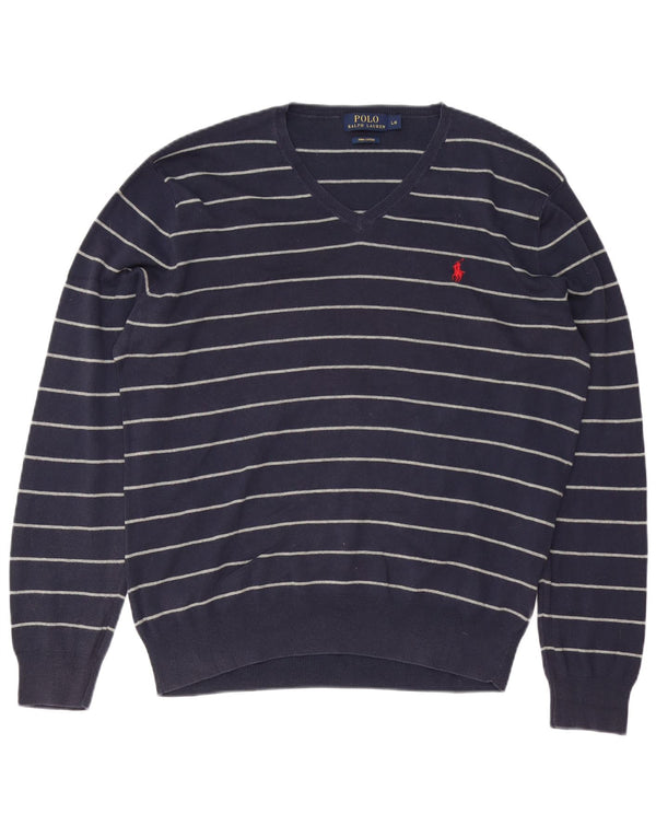 POLO RALPH LAUREN Mens V-Neck Jumper Sweater Large Navy Blue Striped