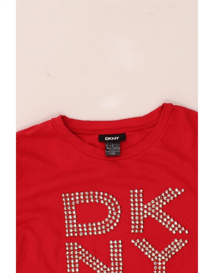DKNY Womens Graphic Sweatshirt Jumper UK 14 Medium Red Cotton Vintage Dkny and Second-Hand Dkny from Messina Hembry 