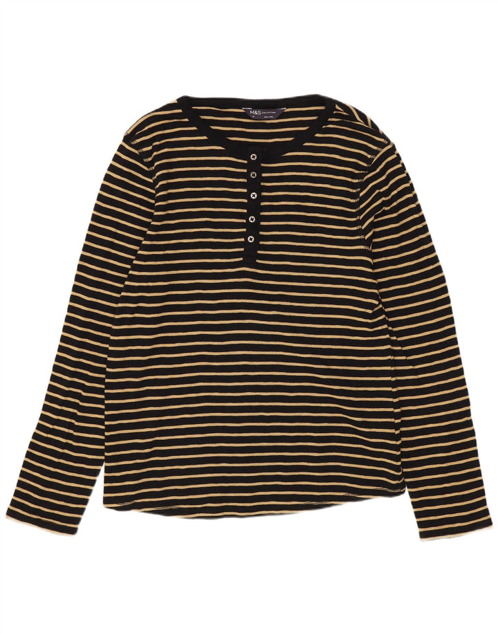 Marks & Spencer Womens Top Long Sleeve UK 14 Medium  Black Striped Cotton