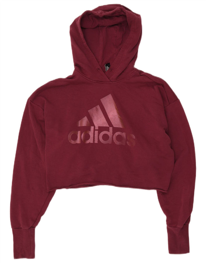 ADIDAS Womens Oversized Crop Graphic Hoodie Jumper UK 8/10 Small Burgundy