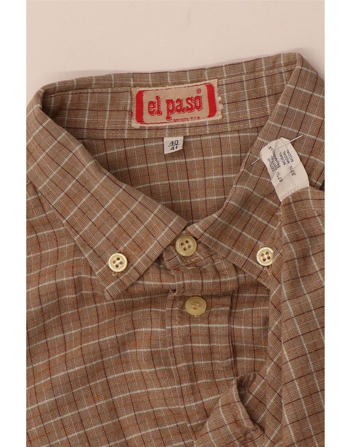 El Paso Mens Shirt Size 40/41 Medium Beige Gingham Cotton