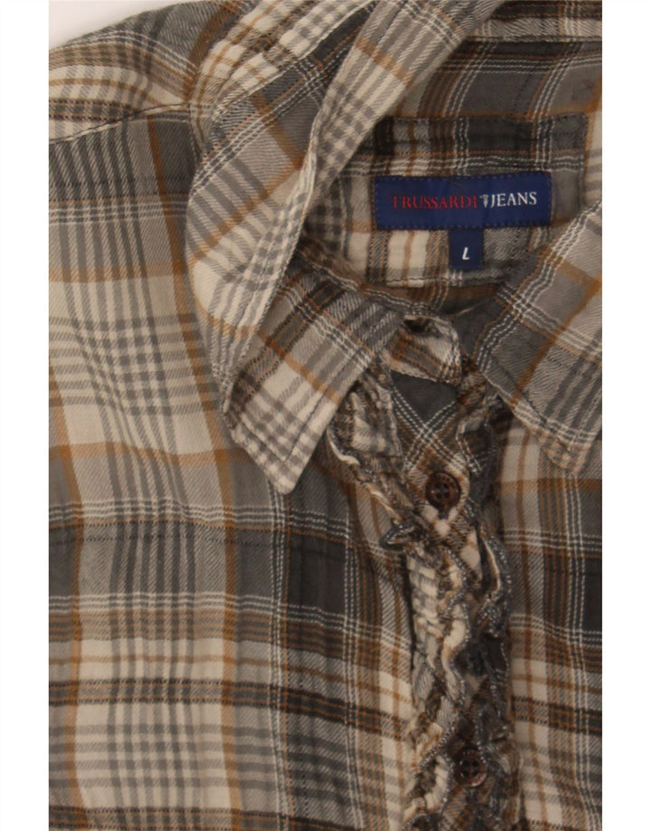 TRUSSARDI Womens Ruffle Front Shirt UK 16 Large Grey Check Cotton Vintage Trussardi and Second-Hand Trussardi from Messina Hembry 