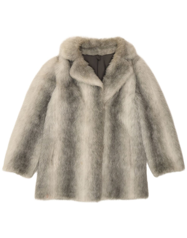 VINTAGE Womens Faux Fur Overcoat UK 12 Medium Silver Striped Modacryl