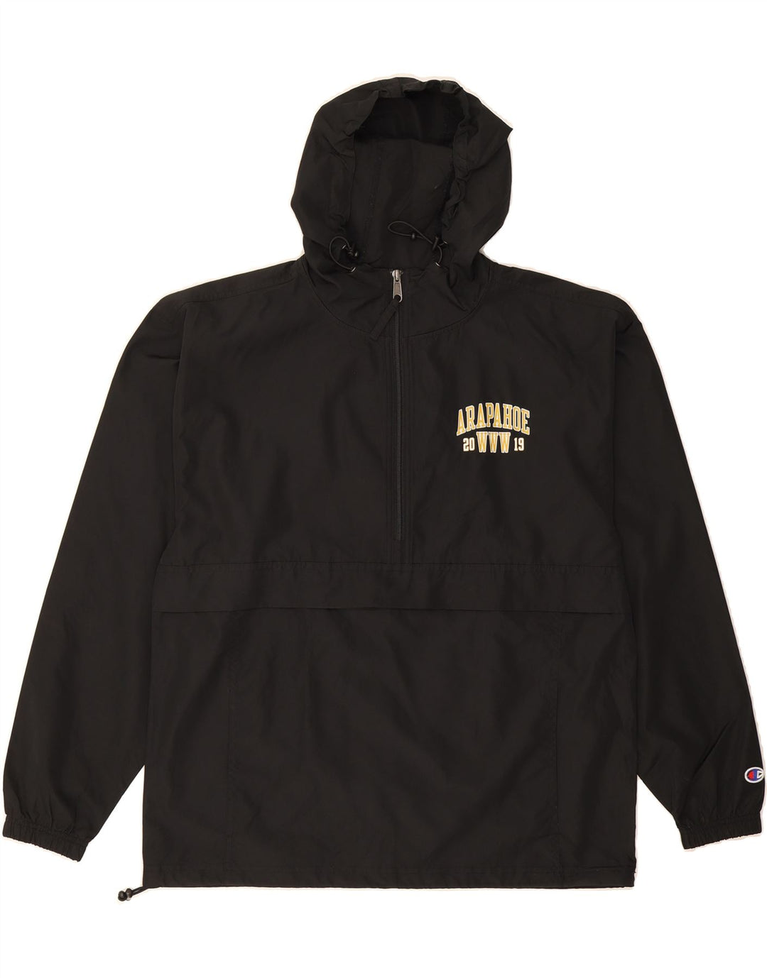 CHAMPION Mens Graphic Hooded Anorak Jacket UK 38 Medium Black Polyester Vintage Champion and Second-Hand Champion from Messina Hembry 