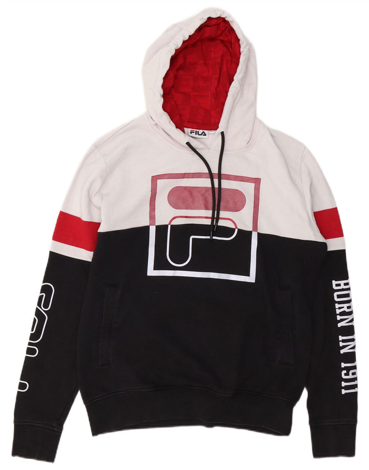 FILA Mens Graphic Hoodie Jumper XS Black Colourblock Cotton