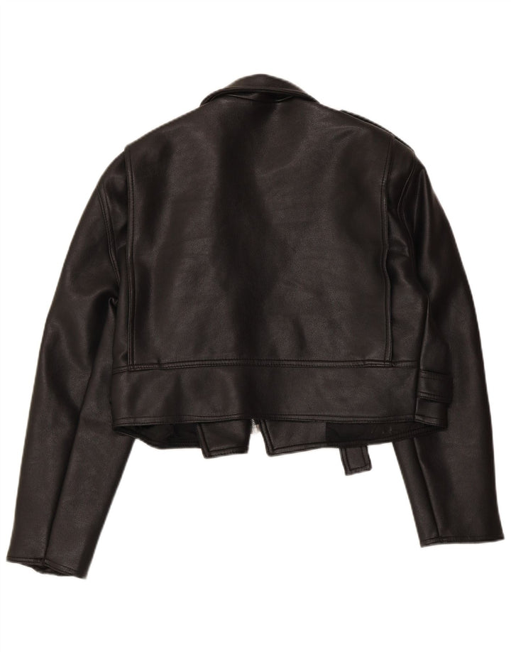 VINTAGE Womens Oversized Crop Leather Biker Jacket UK 10 Small Black