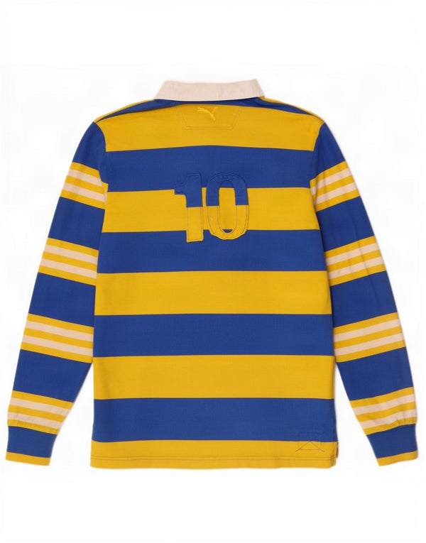 Puma Mens Graphic Long Sleeve Rugby Polo Shirt Medium Yellow Striped Cotton