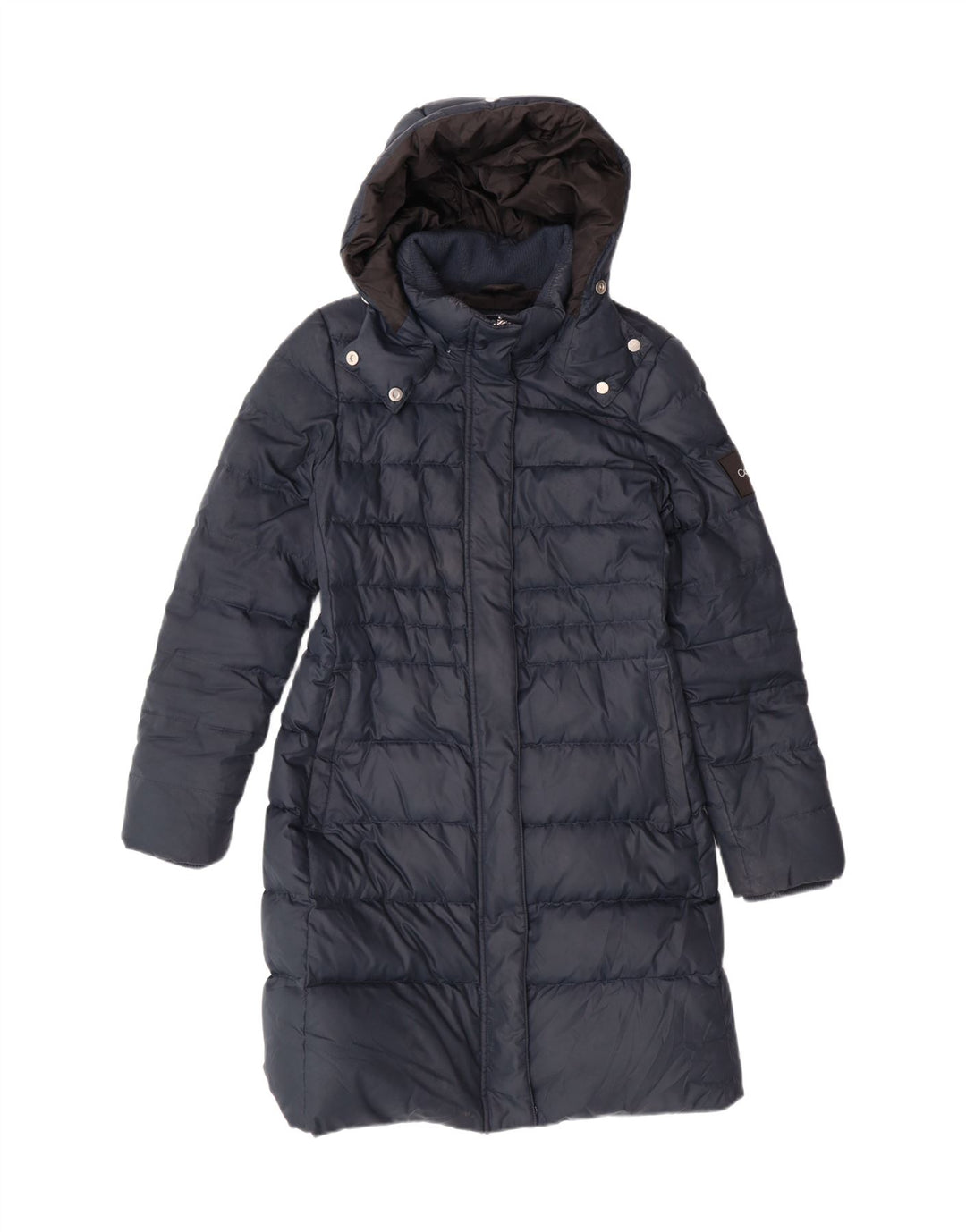 CALVIN KLEIN Womens Hooded Padded Coat UK 10 Small Navy Blue Polyester Vintage Calvin Klein and Second-Hand Calvin Klein from Messina Hembry 
