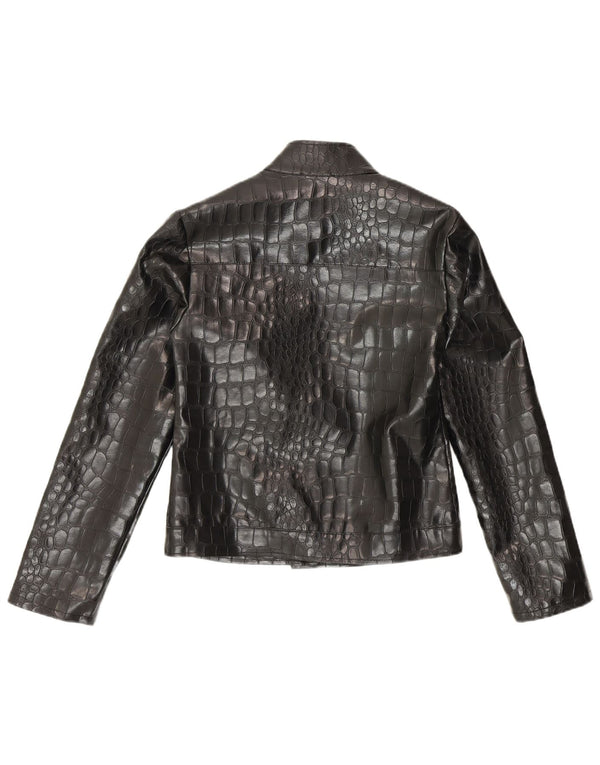 Vintage Womens Faux Leather Bomber Jacket UK 10 Small Black Animal Print
