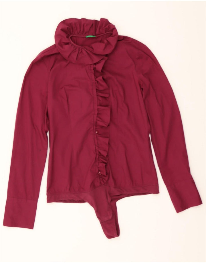 BENETTON Womens Ruffle Front Bodysuit UK 12 Medium Burgundy Cotton Vintage Benetton and Second-Hand Benetton from Messina Hembry 