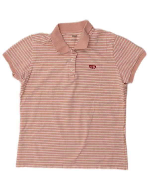 Levi's Womens Polo Shirt UK 12 Medium Pink Striped Cotton