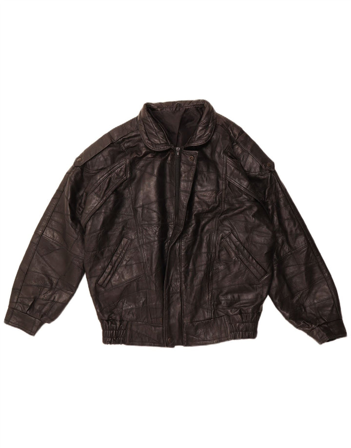 VINTAGE Mens Military Loose Fit Leather Jacket UK 36 Small Black Patchwork