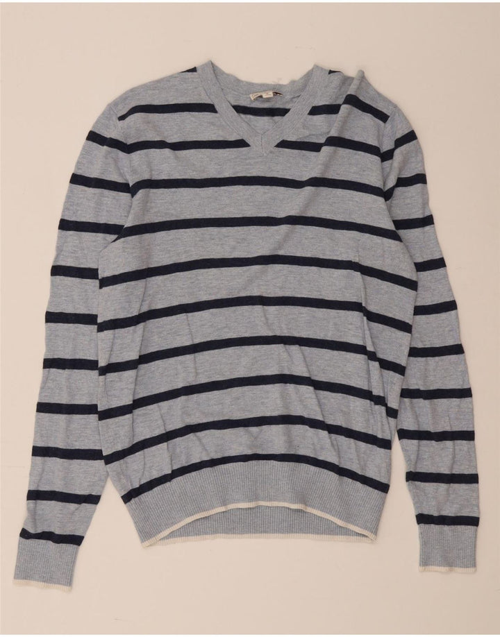 Gap Mens V-Neck Jumper Sweater Medium Blue Striped Cotton