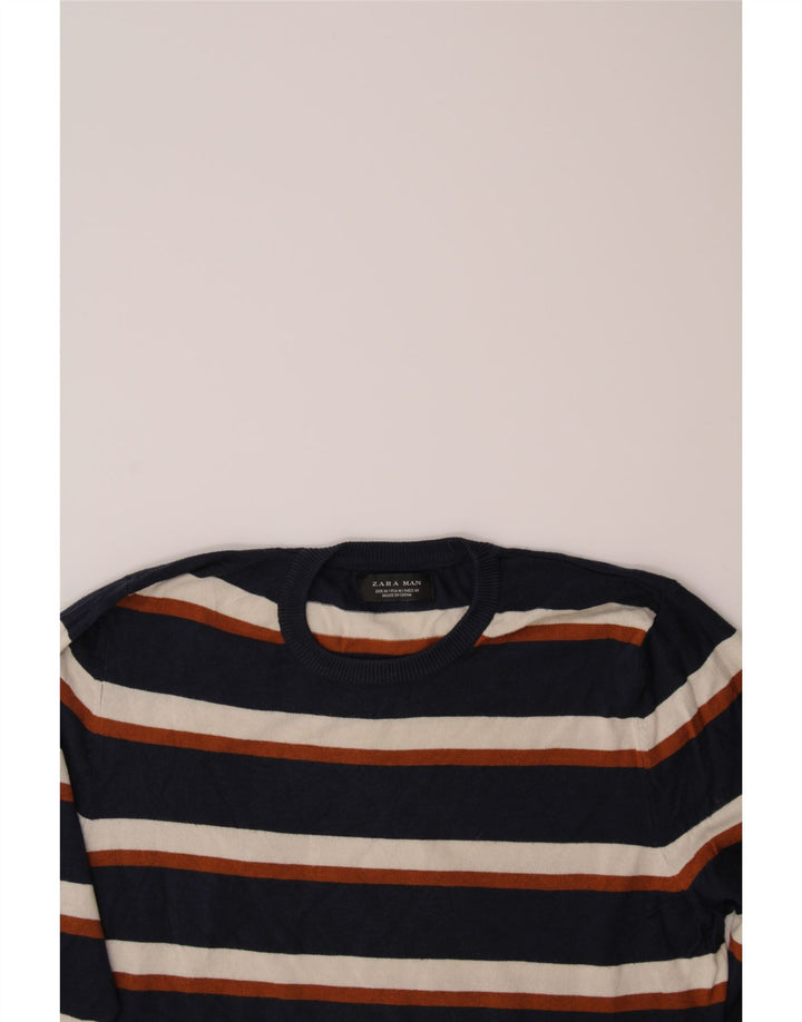 ZARA Mens Crew Neck Jumper Sweater Medium Navy Blue Striped Viscose Vintage Zara and Second-Hand Zara from Messina Hembry 