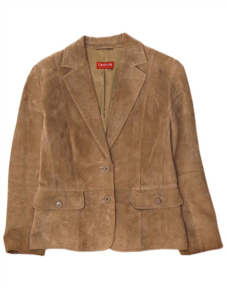 Taifun Womens 2 Button Suede Blazer Jacket UK 10 Small Khaki Leather