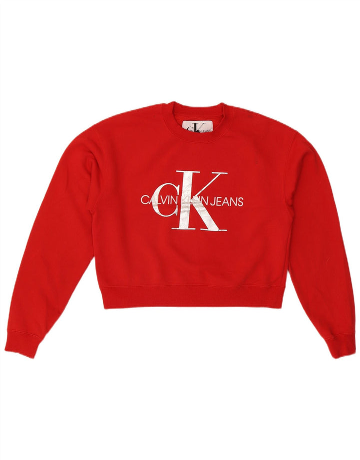 CALVIN KLEIN JEANS Womens Oversized Crop Sweatshirt Jumper UK 6 XS Red