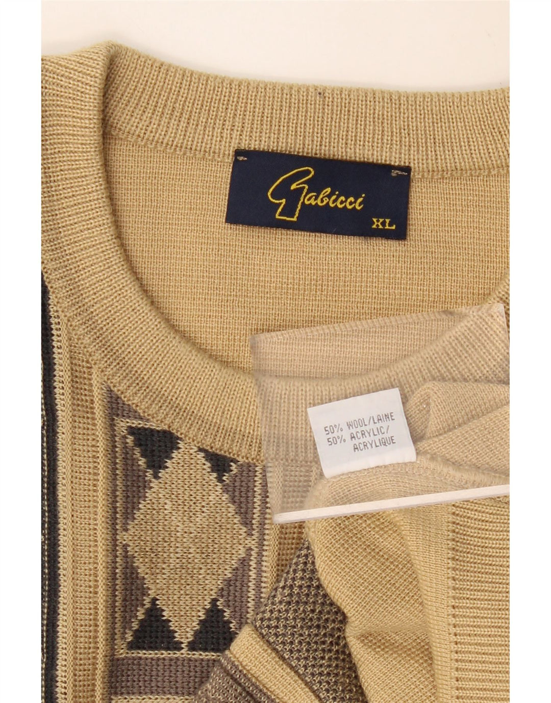 GABICCI Mens Crew Neck Jumper Sweater XL Beige Argyle/Diamond Wool