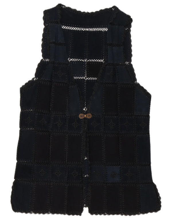 Vintage Womens Suede Gilet UK 16 Large Navy Blue Patchwork