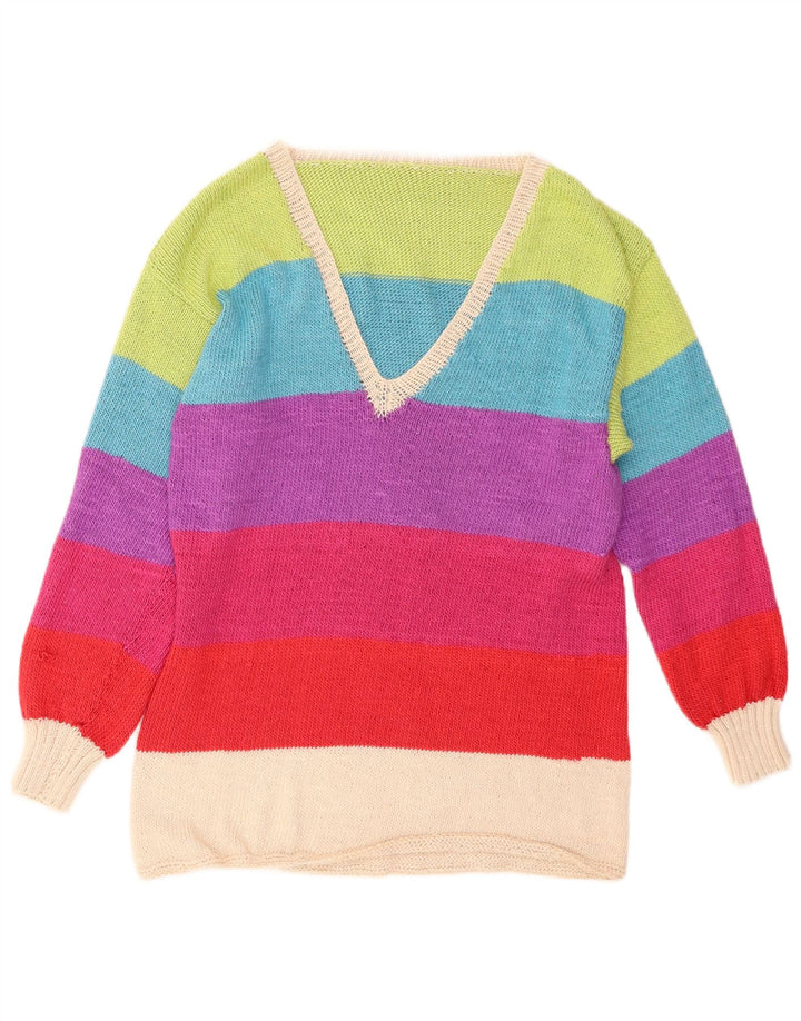 VINTAGE Womens V-Neck Jumper Sweater UK 12 Medium Multicoloured Striped