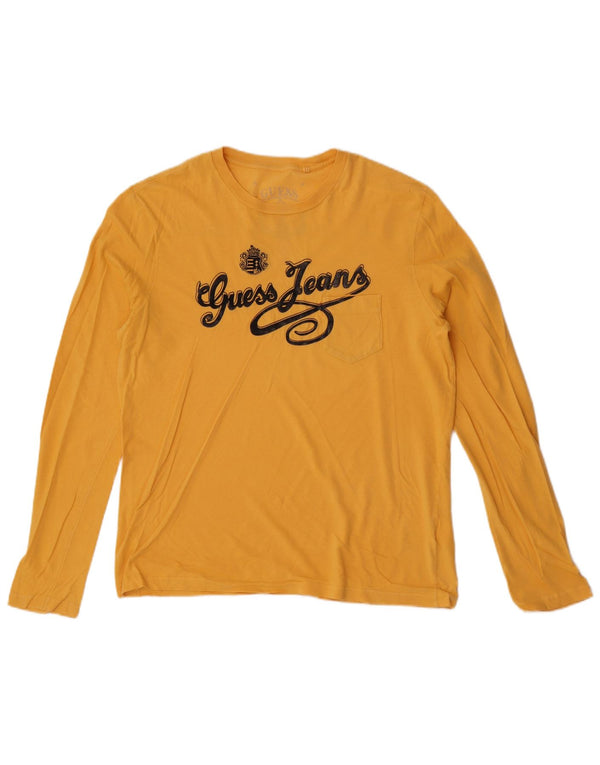 Guess Mens Graphic Top Long Sleeve Large Yellow Cotton
