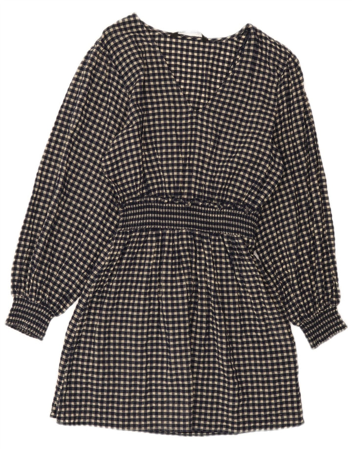 Zara Womens Long Sleeve Basic Dress UK 10 Small Navy Blue Gingham Cotton
