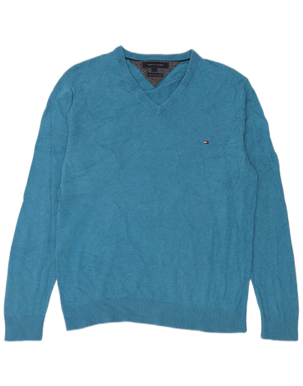 Tommy Hilfiger Mens V-Neck Jumper Sweater Large Blue Cotton