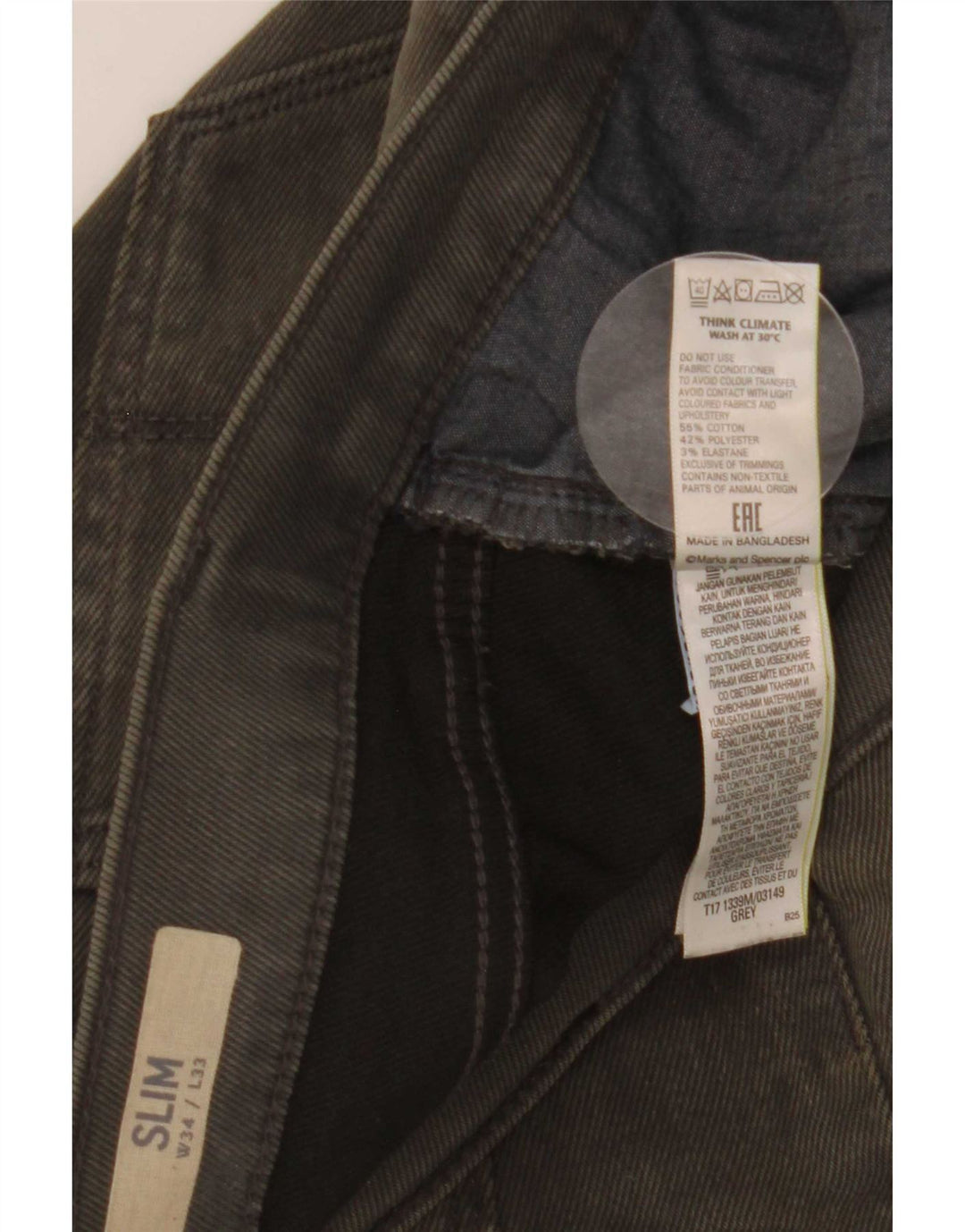 Marks & Spencer Mens Slim Jeans W34 L33 Grey Cotton