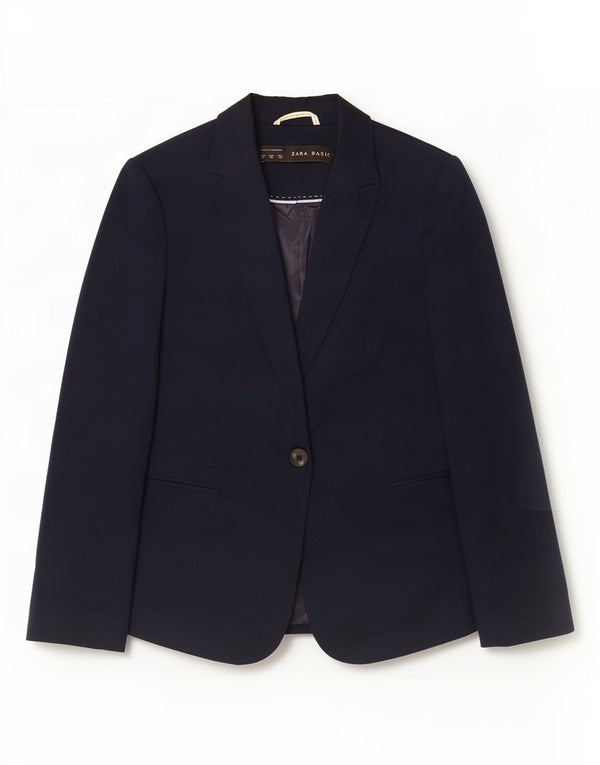 Zara Womens 1 Button Blazer Jacket UK 6 XS Navy Blue Cotton