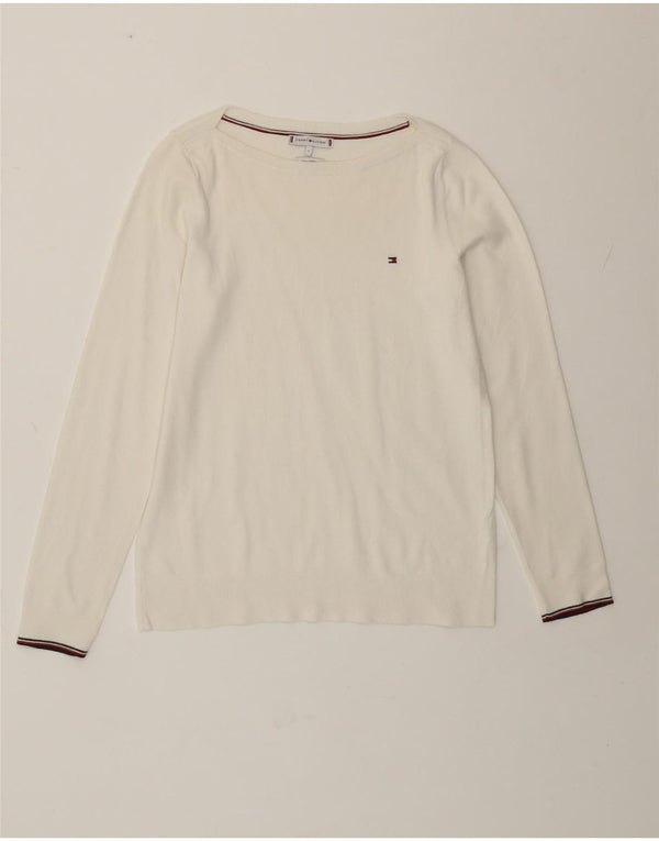 Tommy Hilfiger Womens Boat Neck Jumper Sweater UK 10 Small Off White Cotton