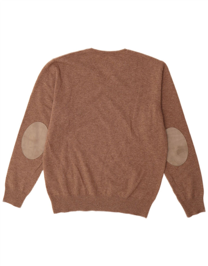 Burlington Mens V-Neck Jumper Sweater Large Brown Virgin Wool