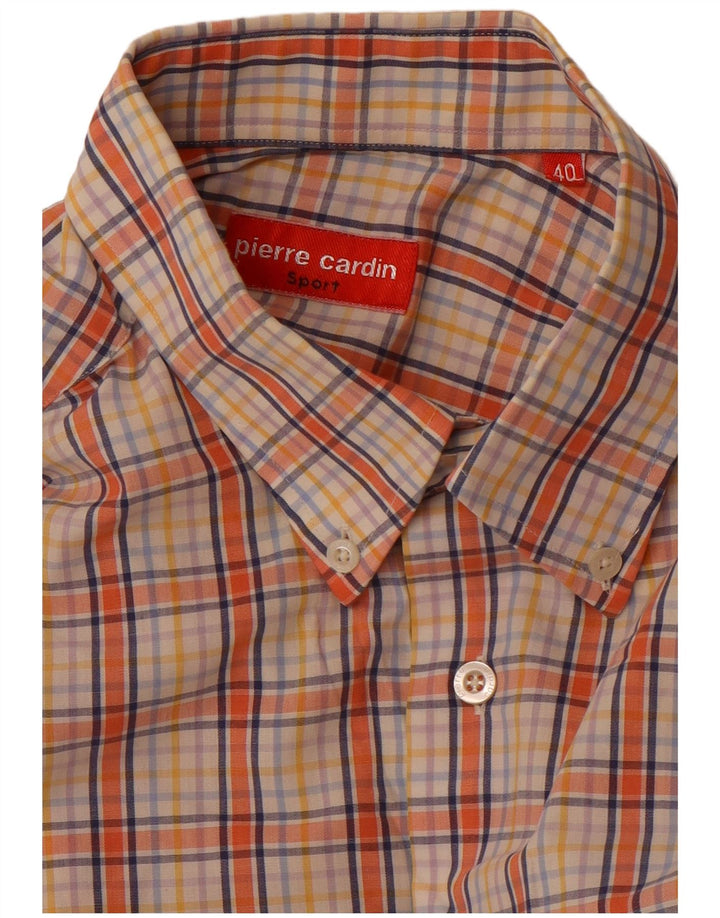 Pierre Cardin Mens Short Sleeve Shirt Size 40 Medium Orange Check Cotton