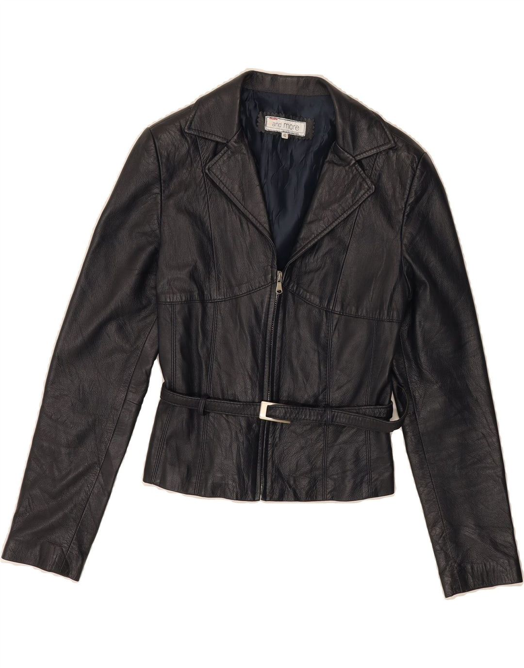 BATA AND MORE Womens Crop Leather Jacket IT 42 Medium Navy Blue Leather Vintage Bata and More and Second-Hand Bata and More from Messina Hembry 