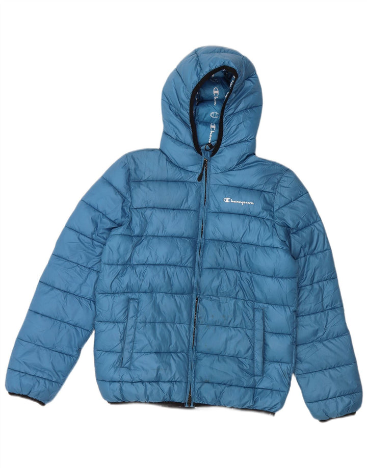 CHAMPION Boys Hooded Padded Jacket 11-12 Years Large Blue Polyester