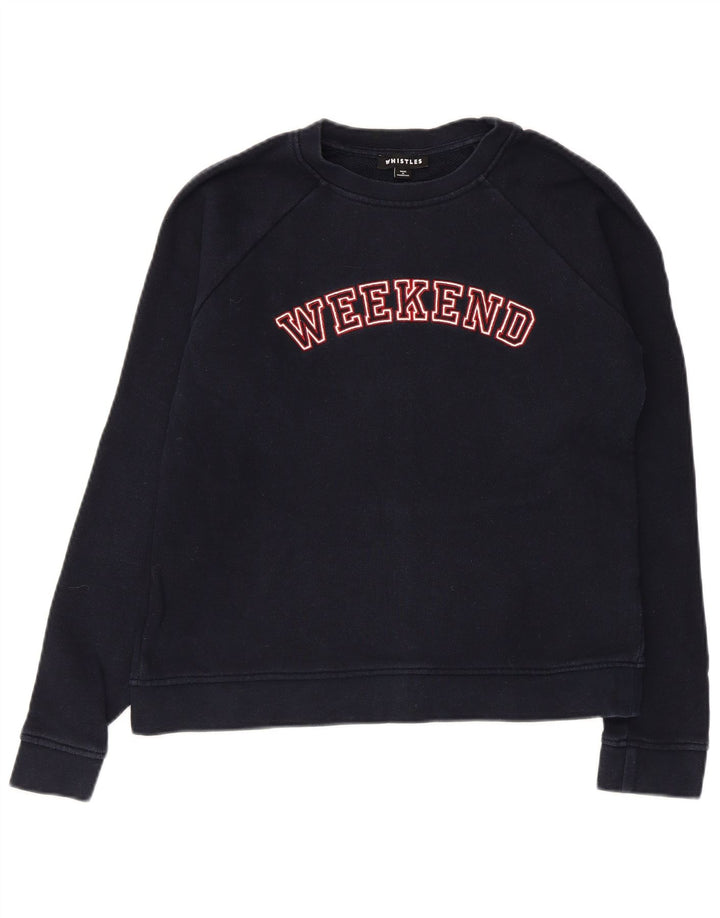 WHISTLE Womens Weekend Graphic Sweatshirt Jumper UK 10 Small Navy Blue