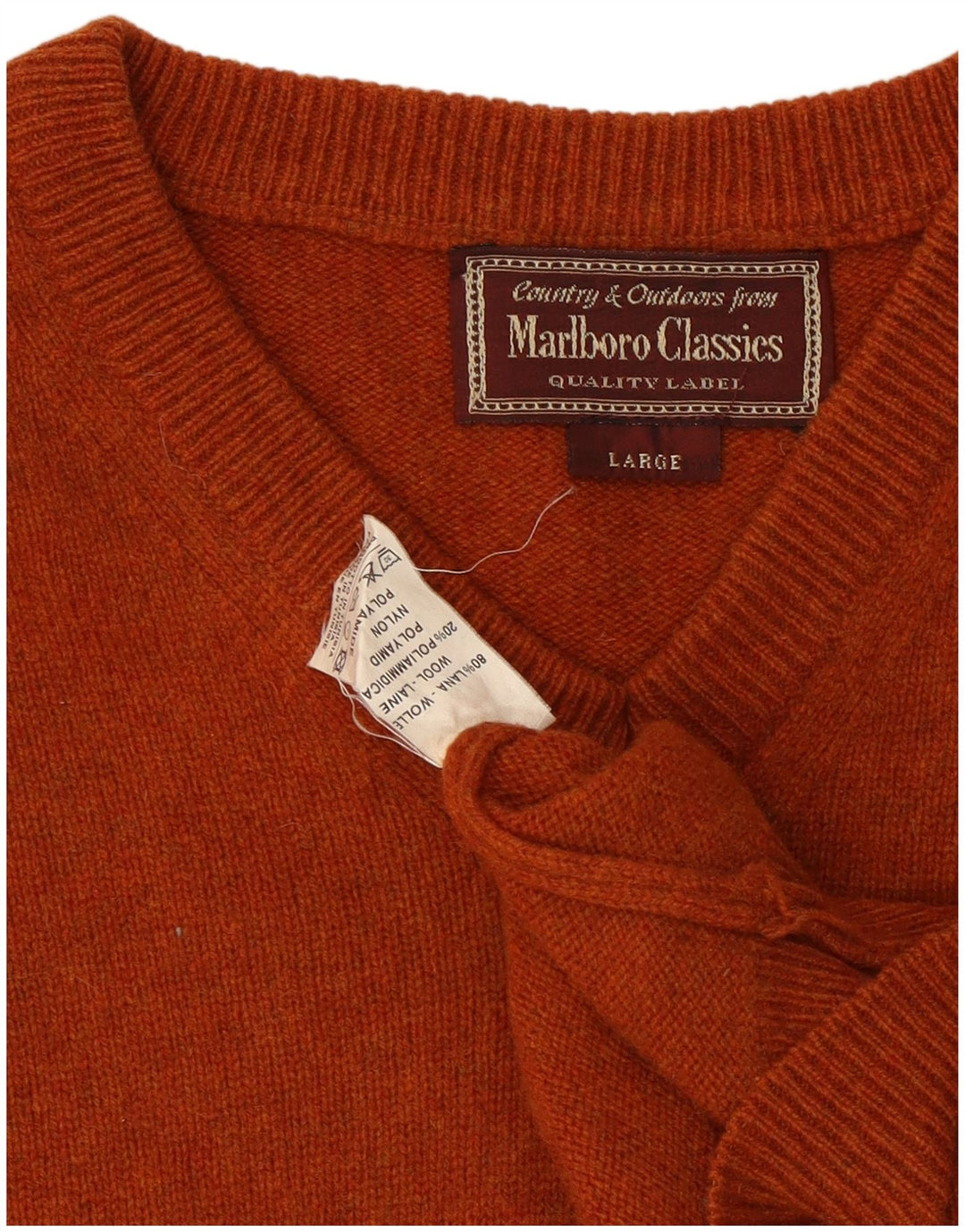 Marlboro Classics Mens V-Neck Jumper Sweater Large Orange Wool